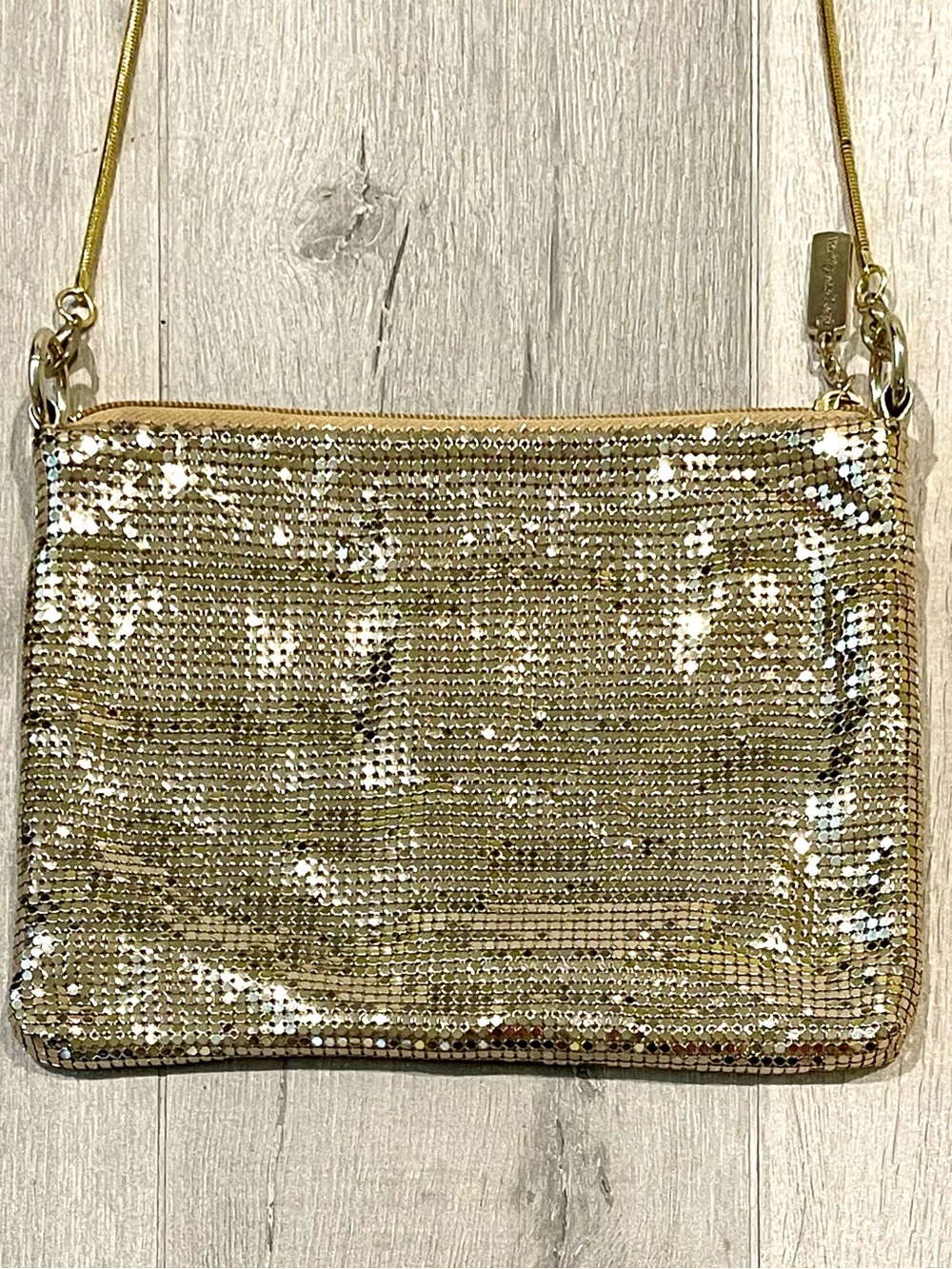 Whiting & Davis Gold Mesh Evening Bag Metallic Chain Strap Shoulder Purse